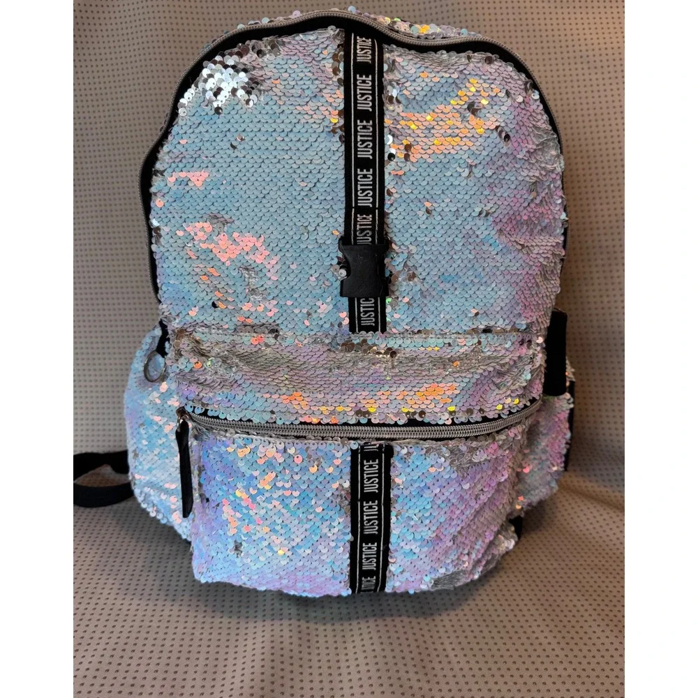 Justice Girls Iridescent Silver White Black Flip Sequin Backpack BLING